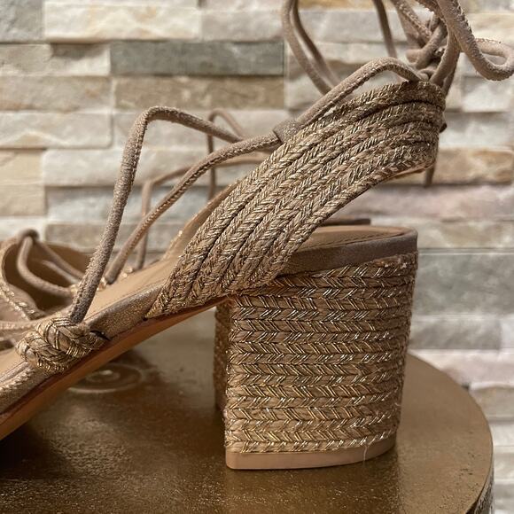 Pour La Victoire 8.5 Gladiator Sandals | Metallic Gold Rope Strappy Block $290 - Picture 5 of 9